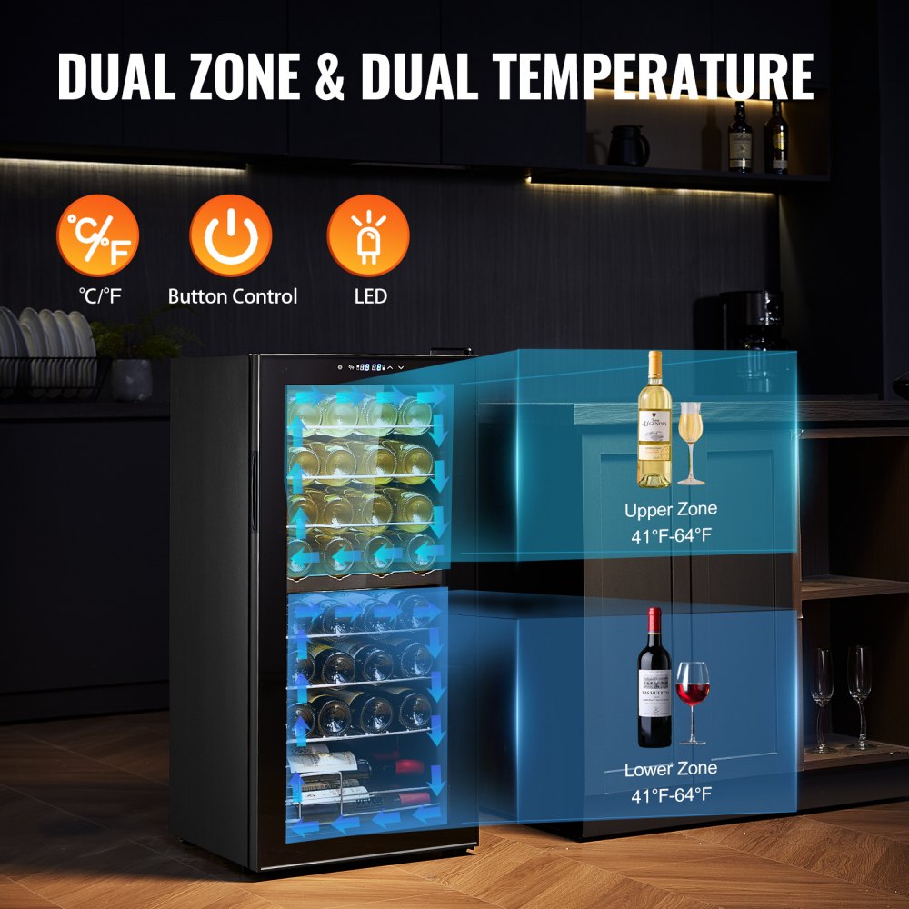 JC-94D - Dual-Zone 32-Bottle VEVOR Wine Cooler with LED Light