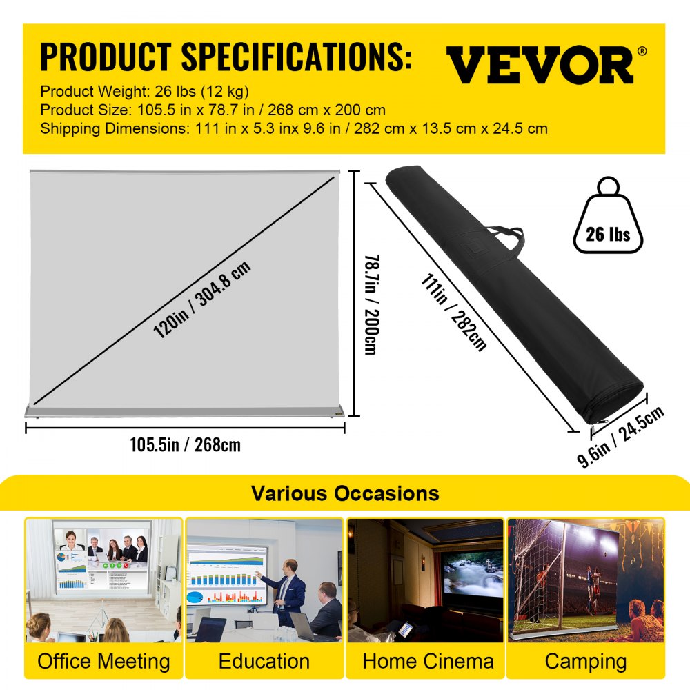 DM-SR17-120 - Portable 120" VEVOR Projector Screen with 16:9 Aspect Ratio
