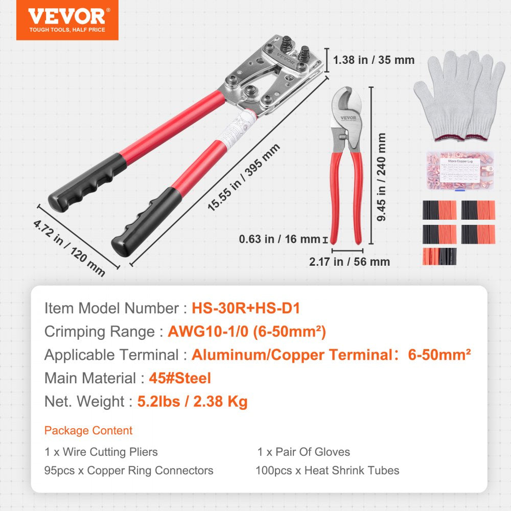 HS-30R+HS-D1 - VEVOR  Crimping Tool for AWG10-1/0, 5.2 lbs
