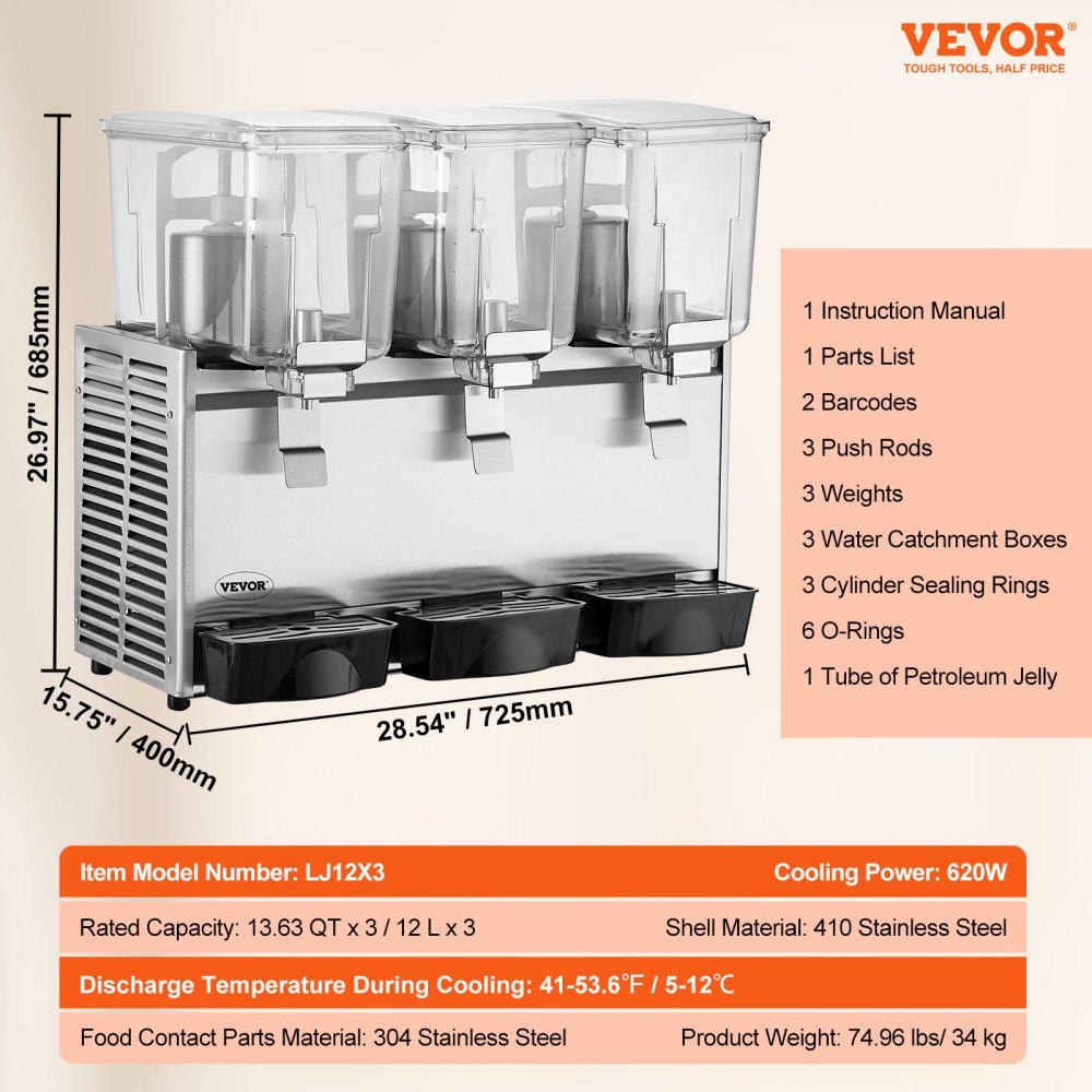 LJ12X3 - 13.6 Qt VEVOR Triple Tank Beverage Dispenser for Cold Drinks
