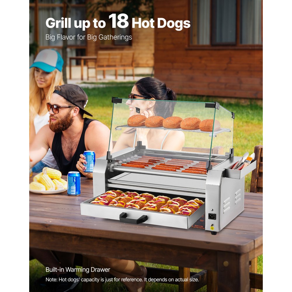ASQ-07HC - Commercial Hot Dog Roller Grill with Bun Warmer and Glass Hood