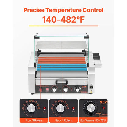 ASQ-07HC - Commercial Hot Dog Roller Grill with Bun Warmer and Glass Hood