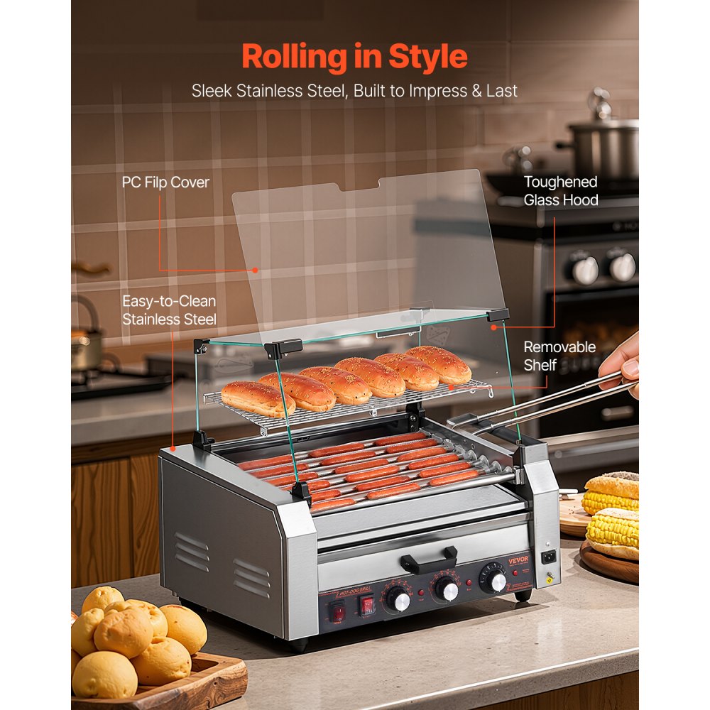 ASQ-07HC - Commercial Hot Dog Roller Grill with Bun Warmer and Glass Hood