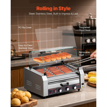 ASQ-07HC - Commercial Hot Dog Roller Grill with Bun Warmer and Glass Hood