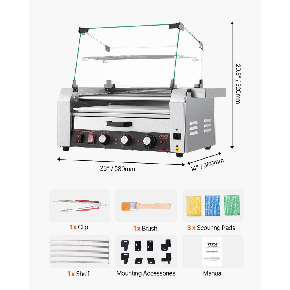 ASQ-07HC - Commercial Hot Dog Roller Grill with Bun Warmer and Glass Hood
