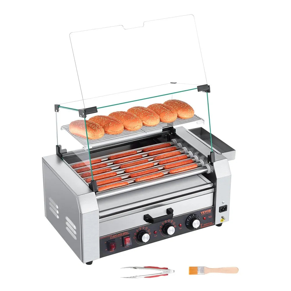 ASQ-07HC - Commercial Hot Dog Roller Grill with Bun Warmer and Glass Hood