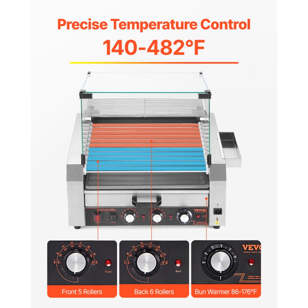 ASQ-011HC - Commercial-Grade Hot Dog Roller Grill with Bun Warmer and Glass Hood