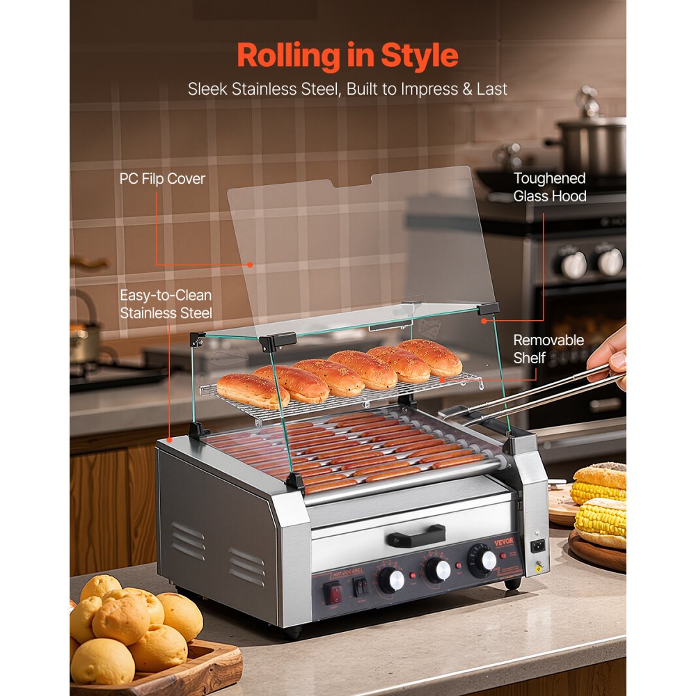 ASQ-011HC - Commercial-Grade Hot Dog Roller Grill with Bun Warmer and Glass Hood