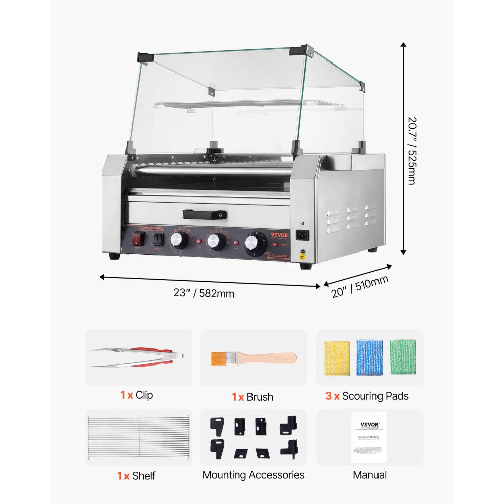 ASQ-011HC - Commercial-Grade Hot Dog Roller Grill with Bun Warmer and Glass Hood