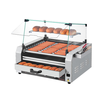 ASQ-011HC - Commercial-Grade Hot Dog Roller Grill with Bun Warmer and Glass Hood