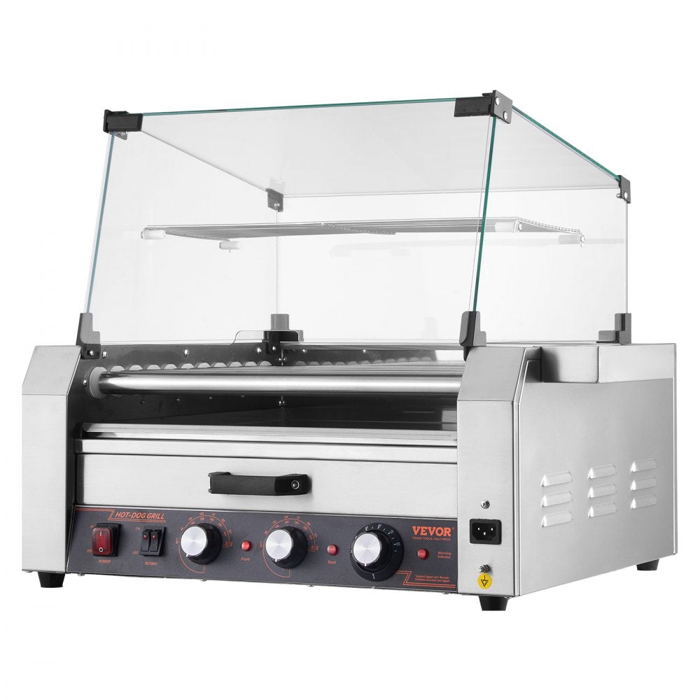ASQ-011HC - Commercial-Grade Hot Dog Roller Grill with Bun Warmer and Glass Hood