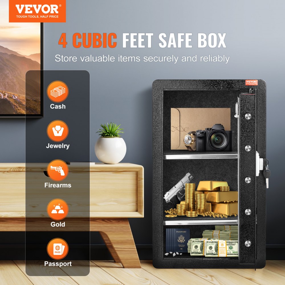 SS-700ZW - VEVOR 4.0 cu.ft Secure Safe Box with Key, Fingerprint, & Alarm