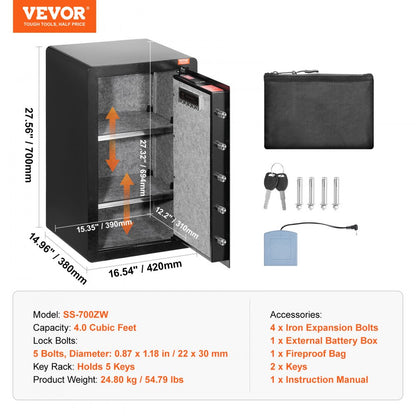 SS-700ZW - VEVOR 4.0 cu.ft Secure Safe Box with Key, Fingerprint, & Alarm