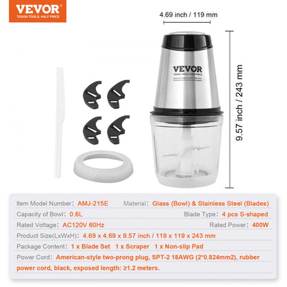 AMJ-215E - 400W Stainless Steel Food Processor with 2.5-Cup Capacity