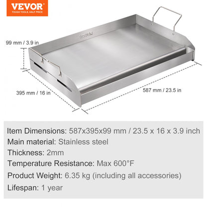 GP23 - 23.5"x16" Stainless Steel Griddle, Non-Stick, Easy Clean
