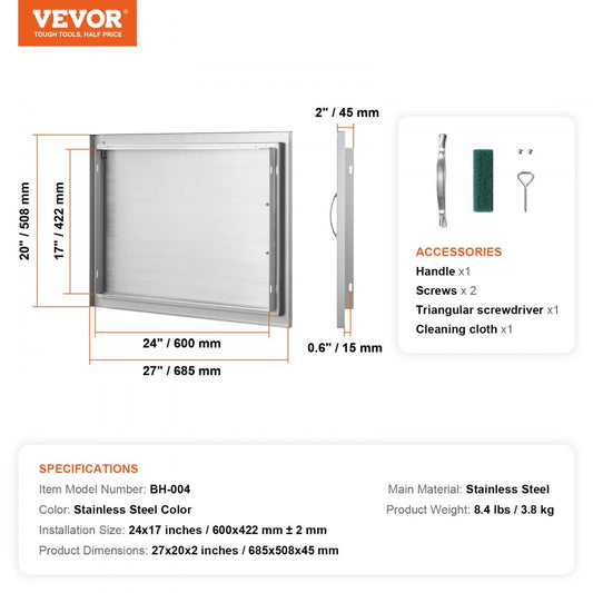 BH-004 - 27" x 20" Stainless Steel BBQ Access Door for Outdoor Kitchens