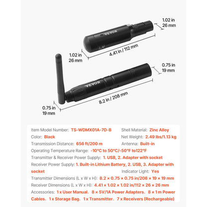 TS-WDMX01A-7D-B - 656ft DMX Wireless Transmitter with 8hr Battery Life