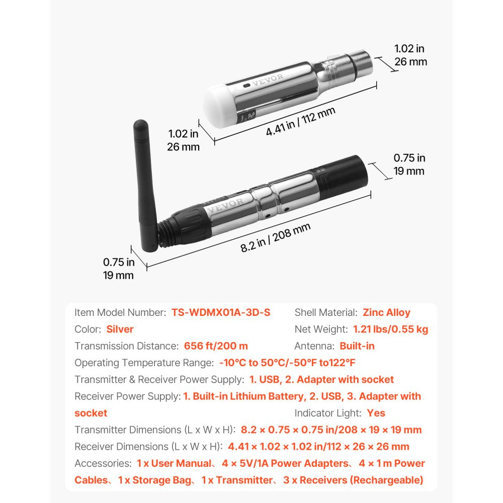 TS-WDMX01A-3D-S - 656ft Wireless DMX Receiver with 8-Hour Battery Life