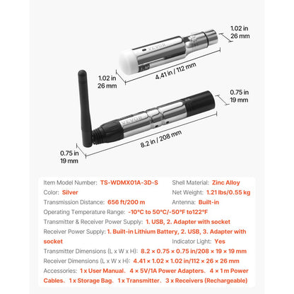 TS-WDMX01A-3D-S - 656ft Wireless DMX Receiver with 8-Hour Battery Life