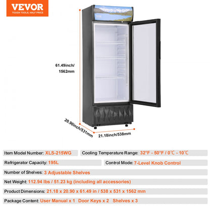 XLS-215WG - 6.8 Cu.Ft VEVOR Glass Door Cooler for Beverages & Snacks