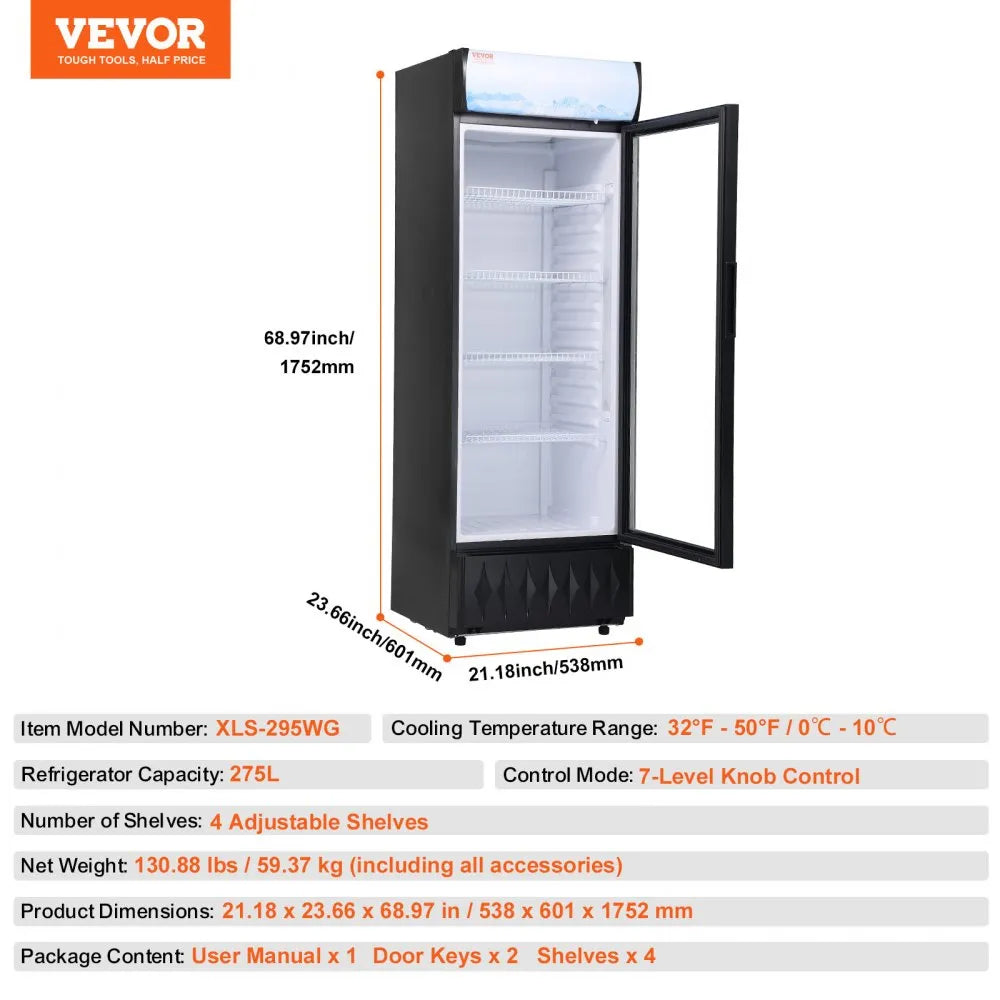 XLS-295WG - 9.7 Cu.Ft VEVOR Glass Door Commercial Refrigerator with Adjustable Shelves