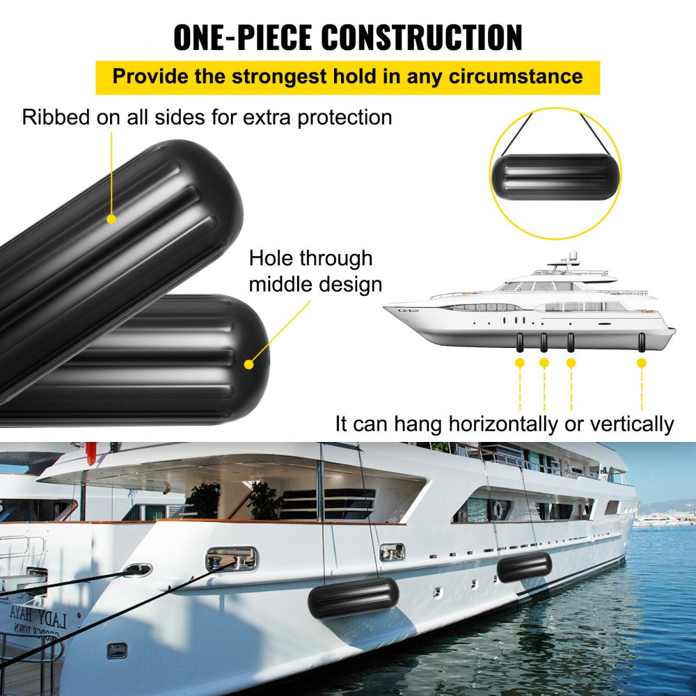 10" x 28" Boat Fender - Durable Ribbed Vinyl Bumper Pack of 4