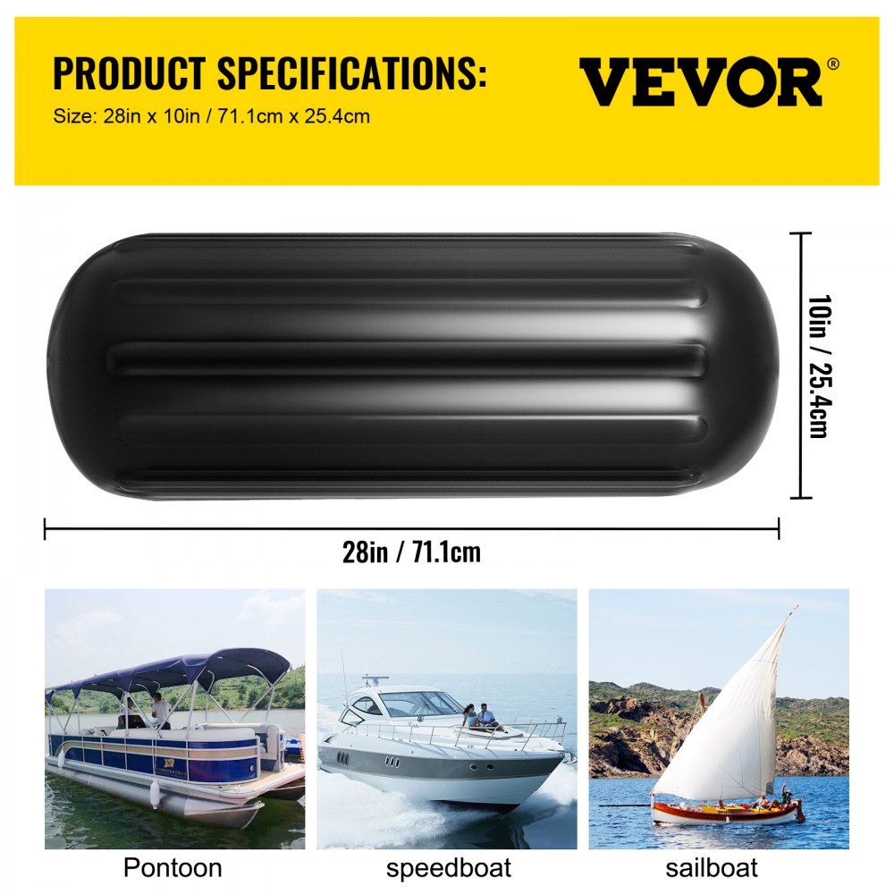 10" x 28" Boat Fender - Durable Ribbed Vinyl Bumper Pack of 4
