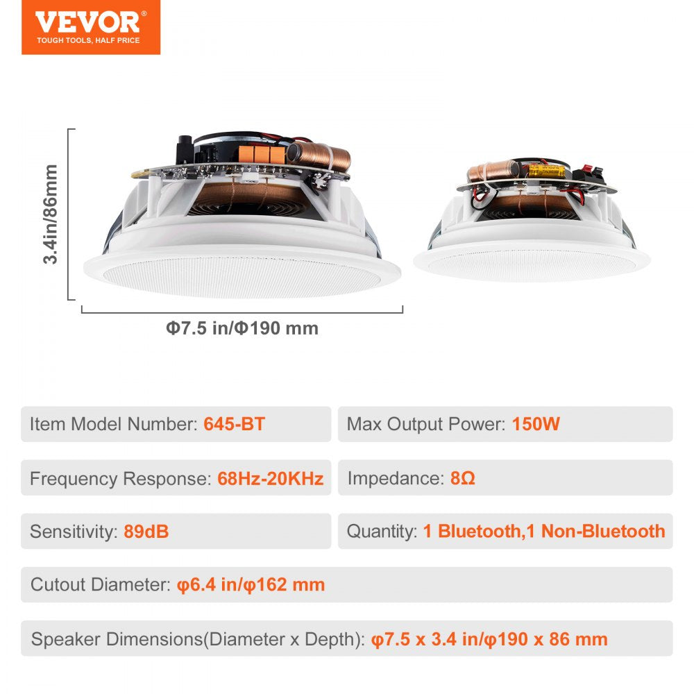645-BT - VEVOR 6.5-Inch Bluetooth Ceiling Speakers with 150W Power