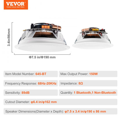 645-BT - VEVOR 6.5-Inch Bluetooth Ceiling Speakers with 150W Power