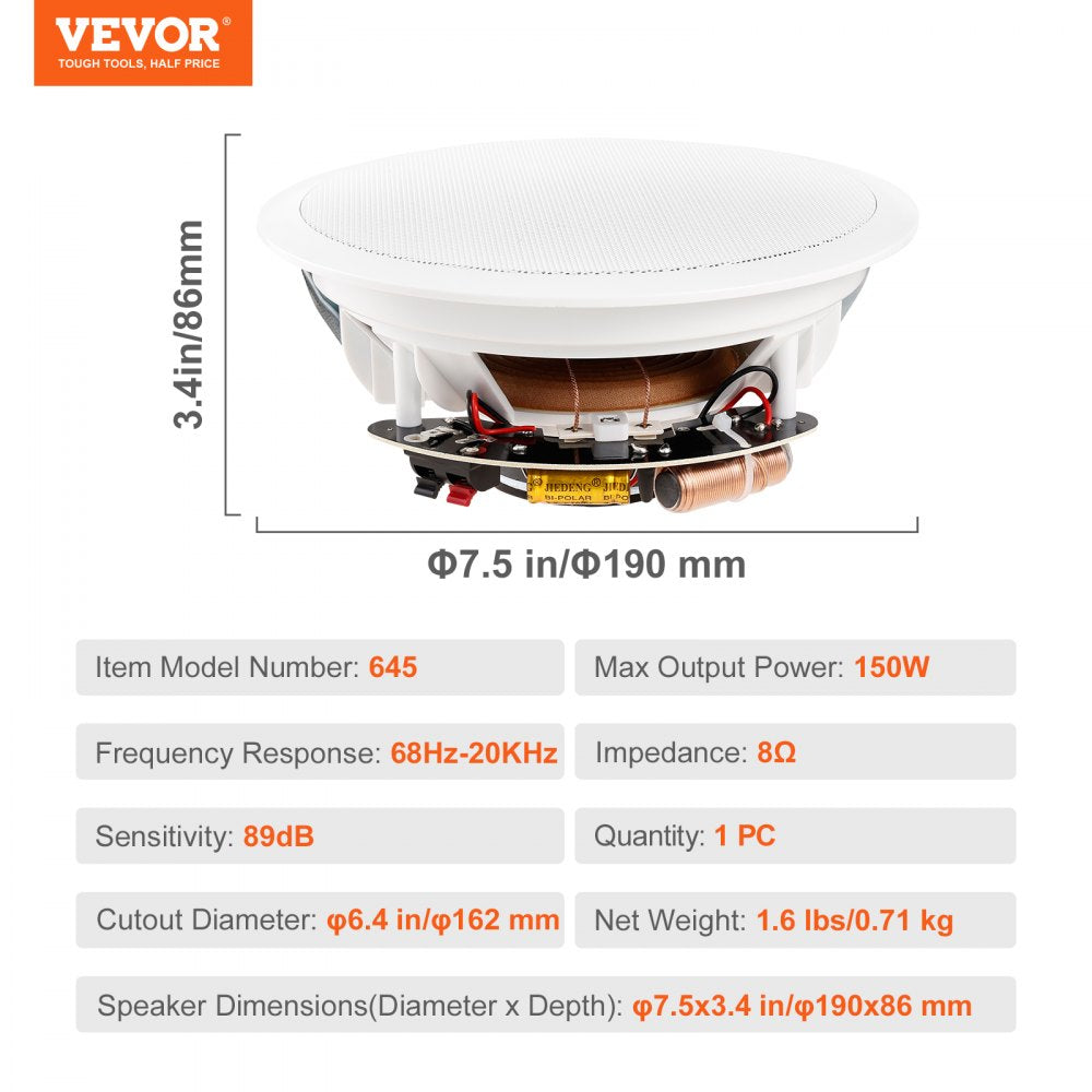 645 - VEVOR 6.5-Inch 150W In-Ceiling Speakers for Superior Sound