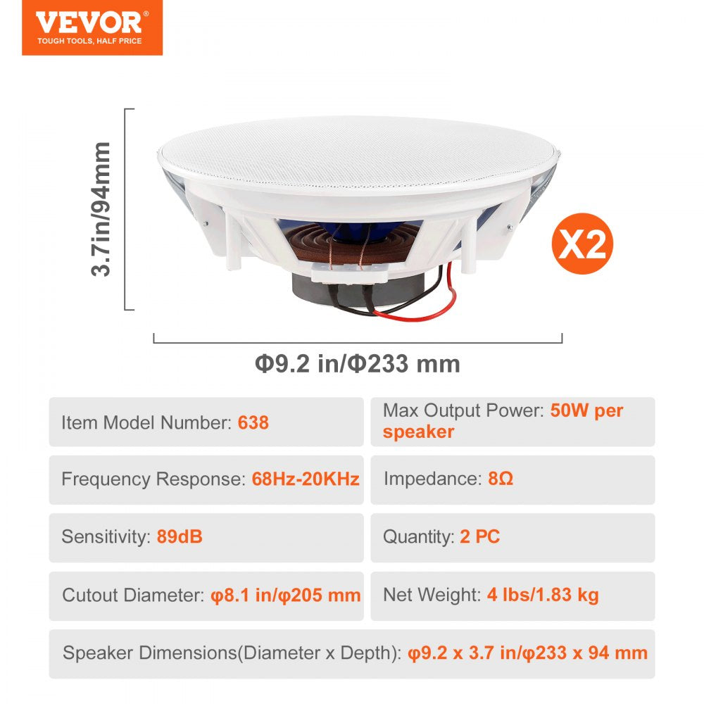 638 - 8-Inch In-Ceiling Speakers with 50W Power and Wide Frequency Response