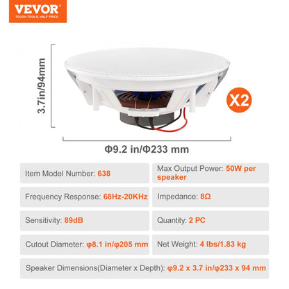 638 - 8-Inch In-Ceiling Speakers with 50W Power and Wide Frequency Response