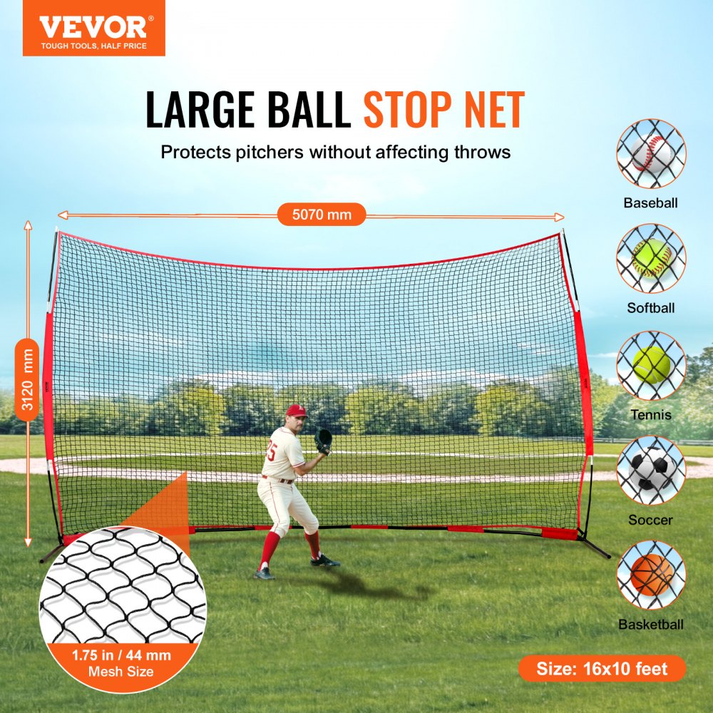 SSPDYBQ005 - 16x10 ft Sports Safety Backstop Net for Ball Games