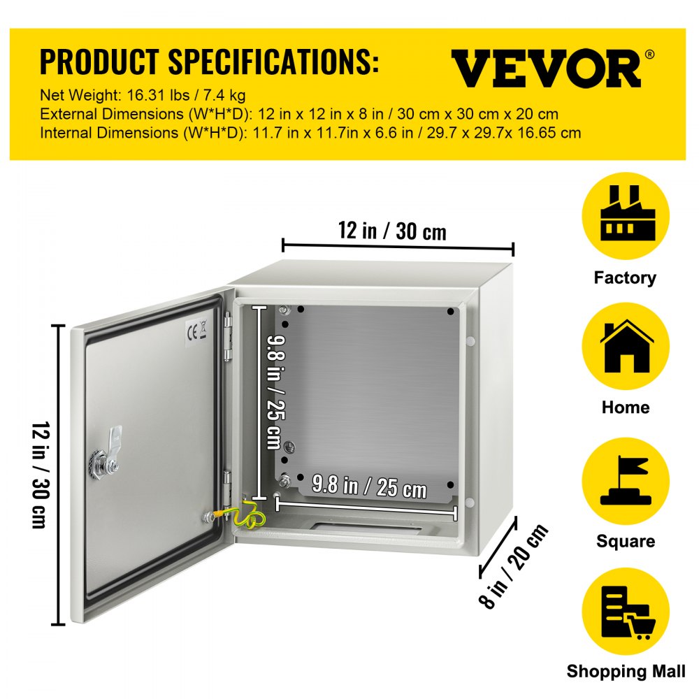 SPT - 12"x12"x8" Durable NEMA Steel Enclosure, Lockable & Powder Coated