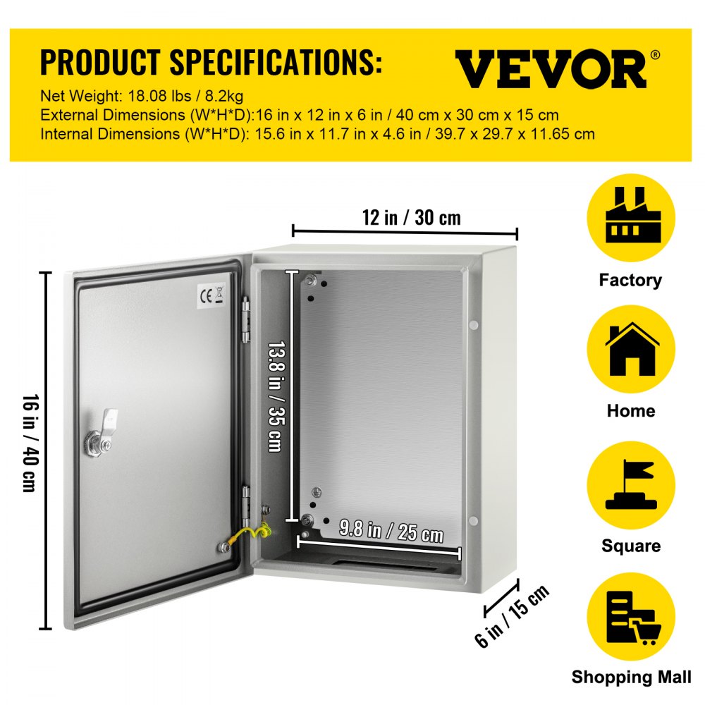 SPT - 16'' x 12'' VEVOR Carbon Steel Weather-Resistant Enclosure Box