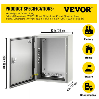 SPT - 16'' x 12'' VEVOR Carbon Steel Weather-Resistant Enclosure Box