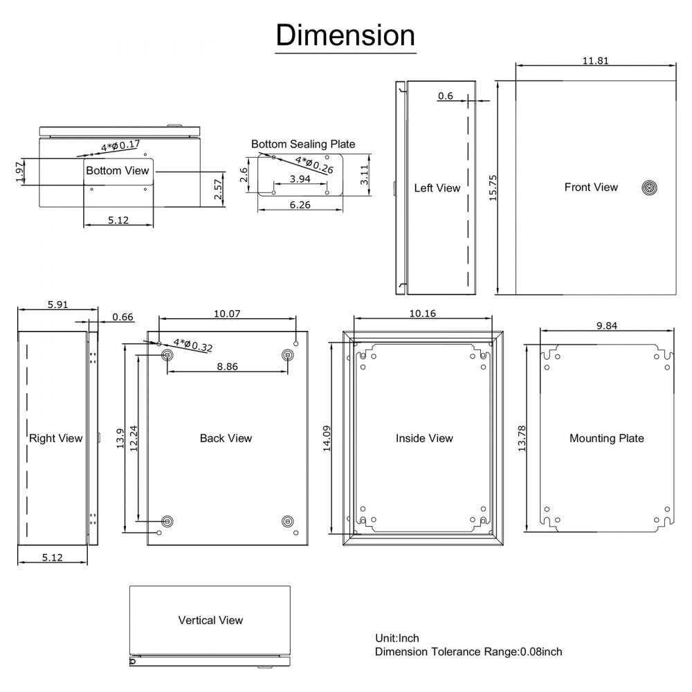 SPT - 16'' x 12'' VEVOR Carbon Steel Weather-Resistant Enclosure Box