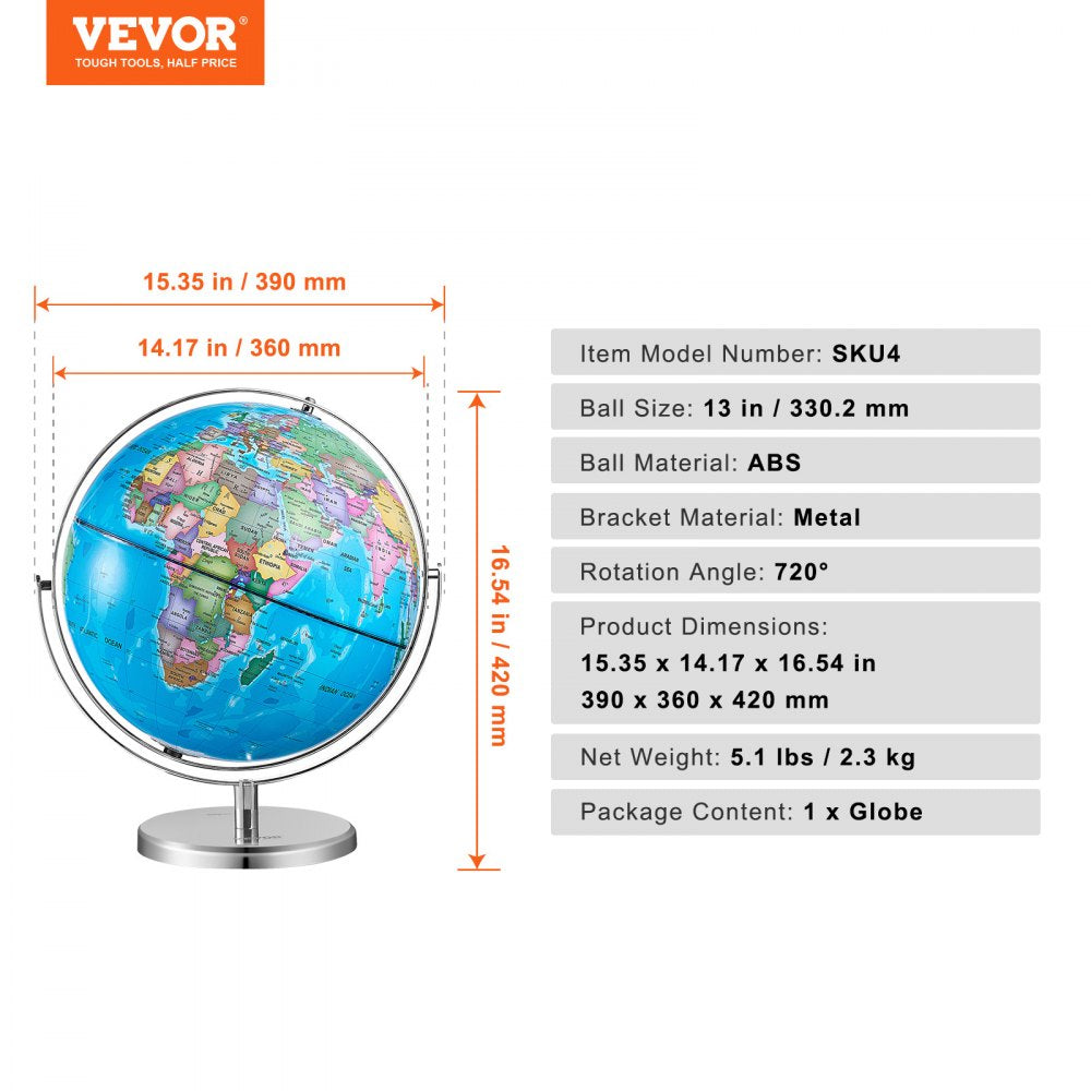 SKU4 - 13" Illuminated Rotating Globe on Metal Stand