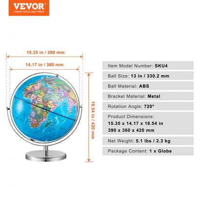 SKU4 - 13" Illuminated Rotating Globe on Metal Stand
