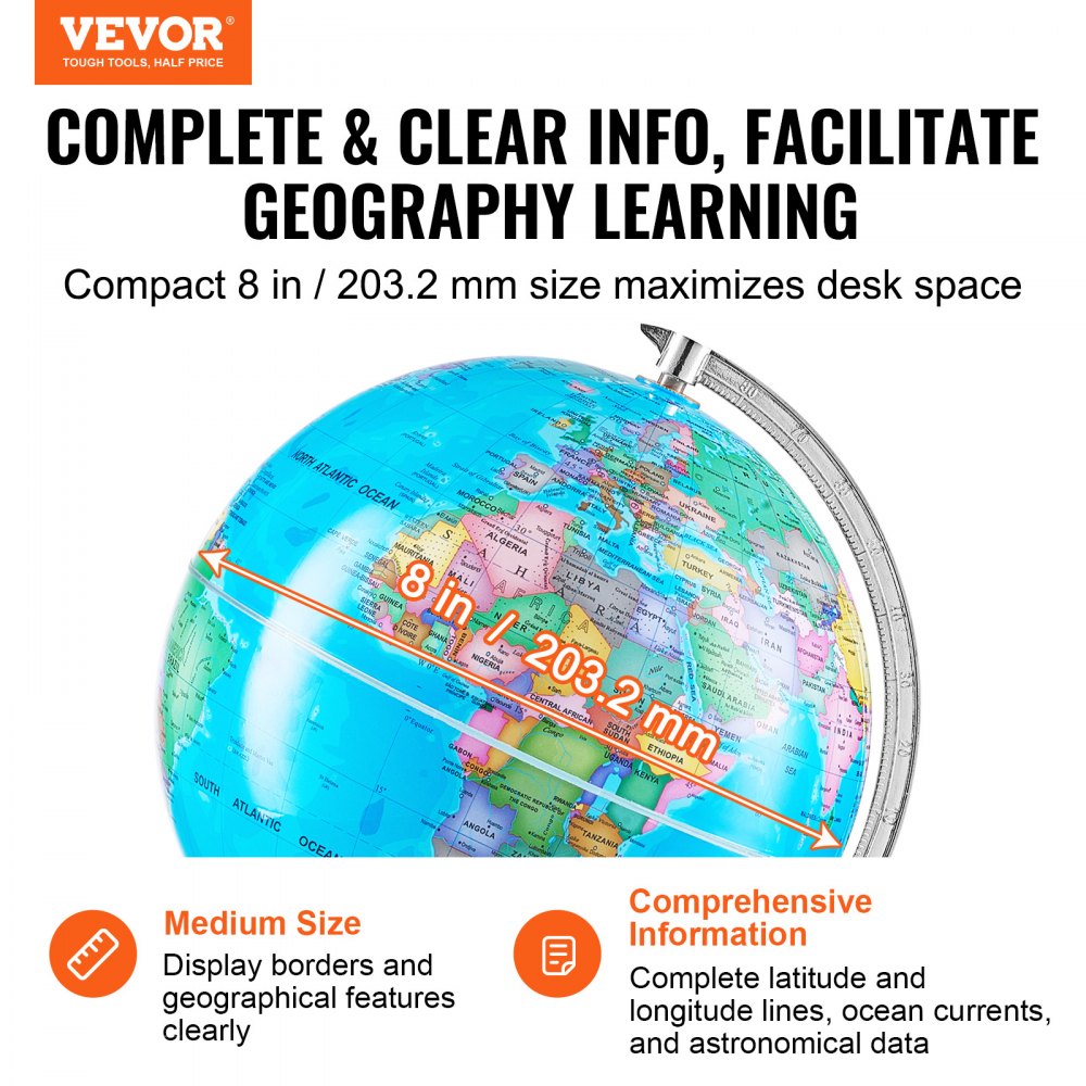 SKU3 - 8" VEVOR Rotating Educational Globe with Sturdy Stand