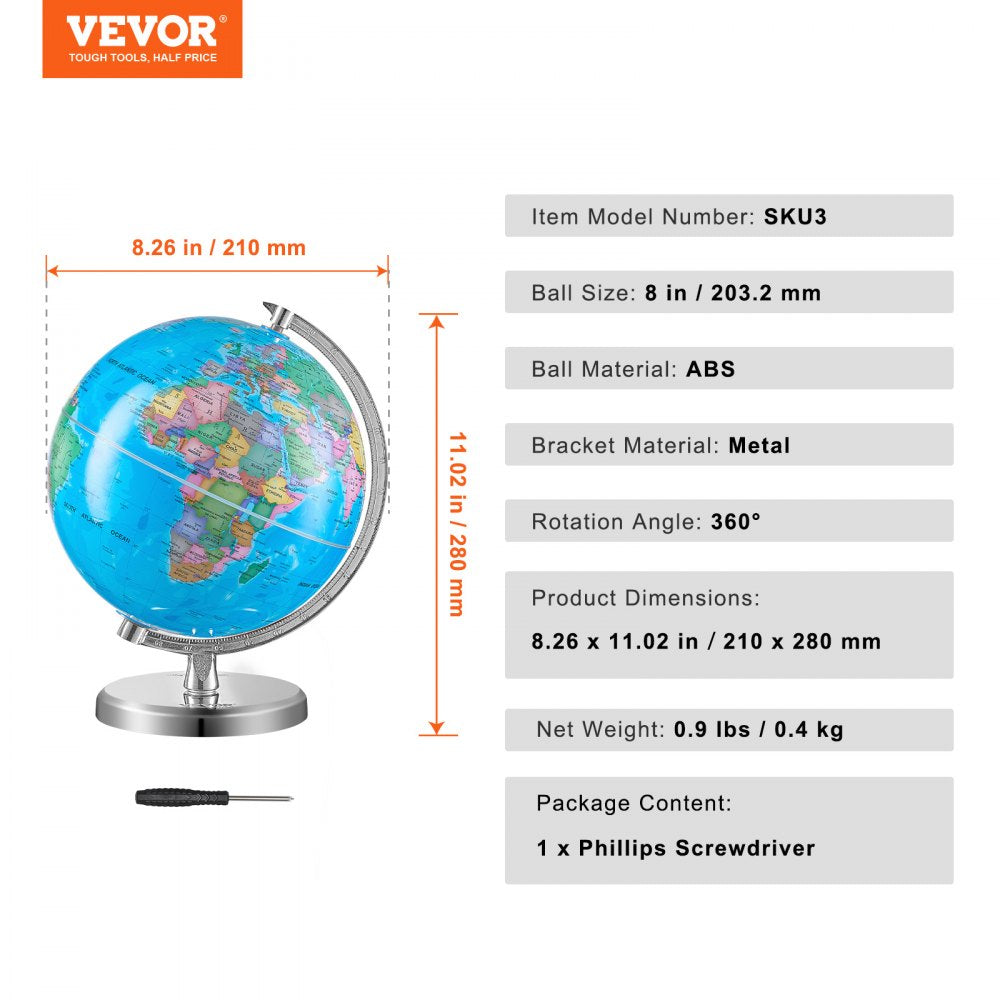 SKU3 - 8" VEVOR Rotating Educational Globe with Sturdy Stand