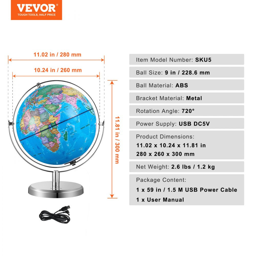 SKU5 - 9" VEVOR Illuminated Globe & LED Night Light