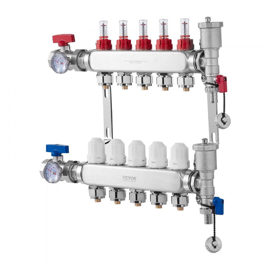 7012-25-05-00-NPT - Durable 5-Branch Stainless Steel Heat Manifold with Gauges