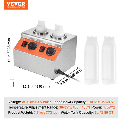 CH-02 - VEVOR Double-Bottle Sauce Warmer, 86-185°F Adjustable Temperature