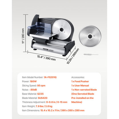 1A-FS201Q - 7.5" Electric Meat Slicer, 180W, Adjustable Thickness for Easy Cutting