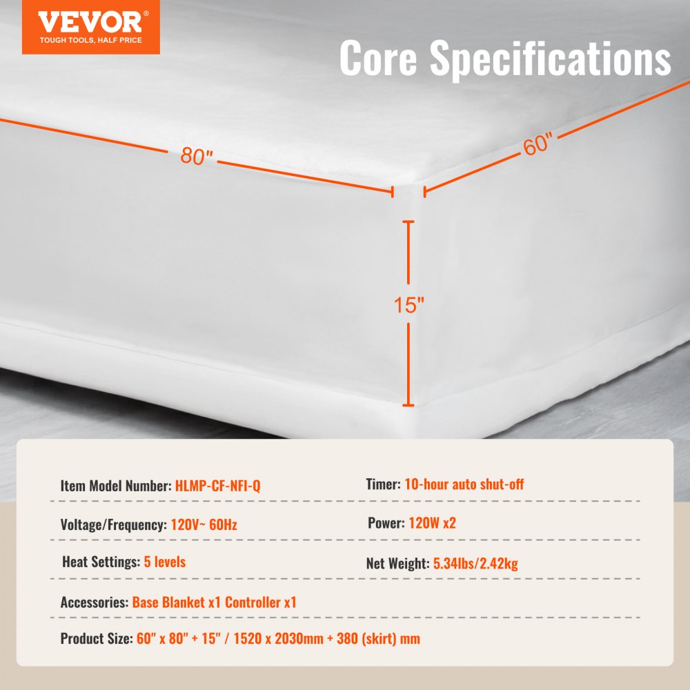 HLMP-CF-NFI-Q - Safe 60" Heated Mattress Pad with Adjustable Heat & Deep Pockets