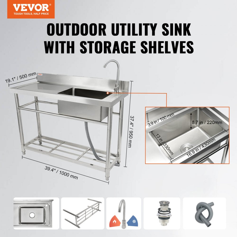 S2-2 - 39.4" Stainless Steel Utility Sink with Workbench for Outdoor Kitchens