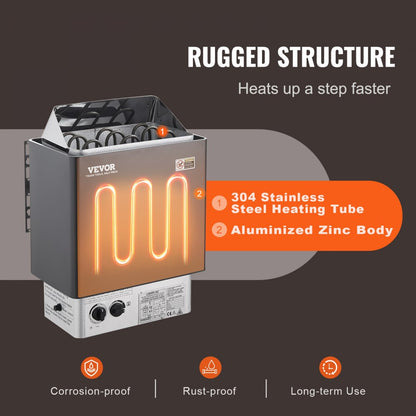 SCA-45NS - 4.5KW VEVOR Sauna Heater, 105-210 cu ft, Stainless Steel