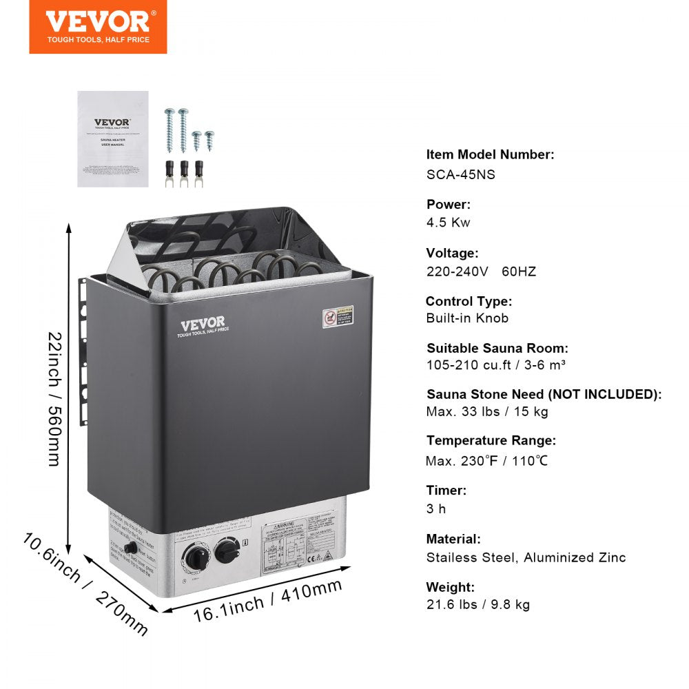 SCA-45NS - 4.5KW VEVOR Sauna Heater, 105-210 cu ft, Stainless Steel