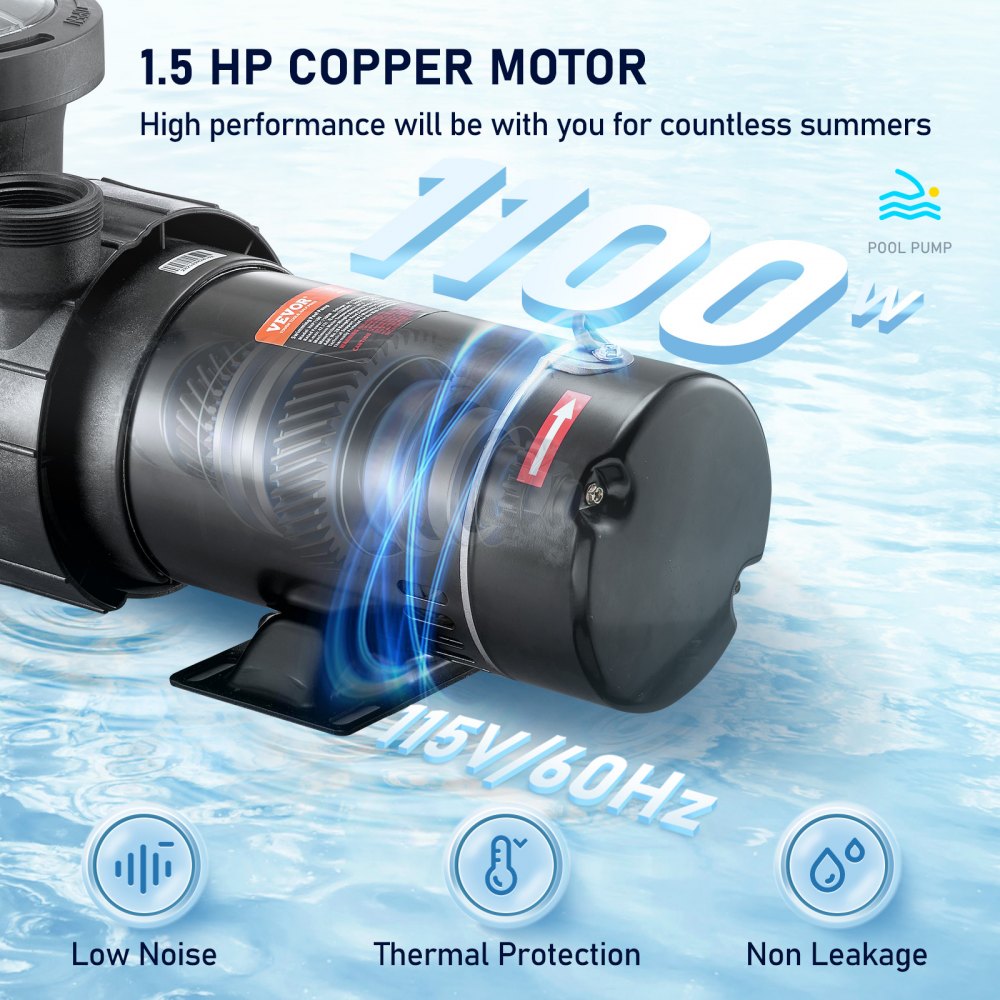 VVPS115BUS - 1.5HP VEVOR Pool Pump for Efficient Cleaning & Easy Setup